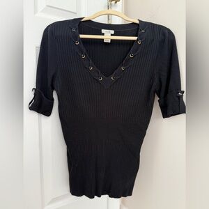 Cache Black Ribbed Knit Top